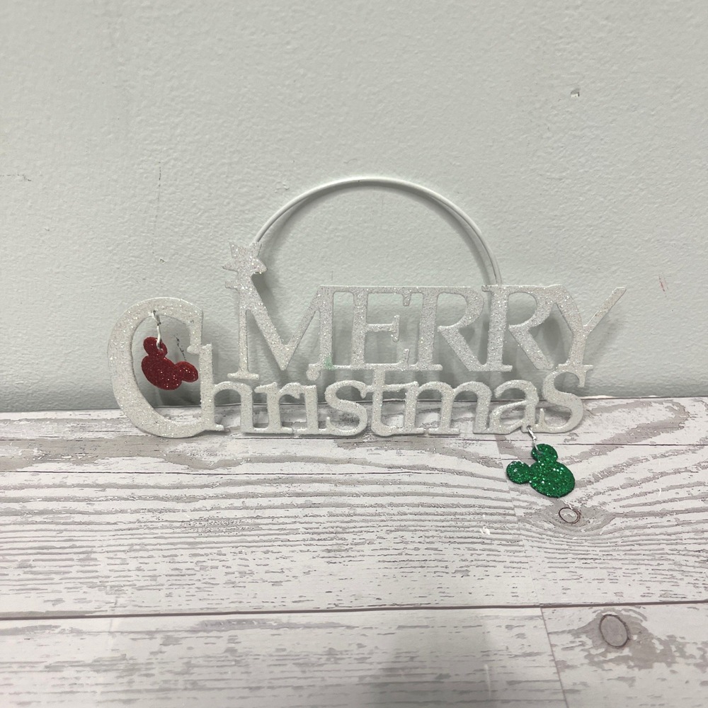 Disney Merry Christmas Glitter Hanging Sign Mickey Mouse Head Charms White
